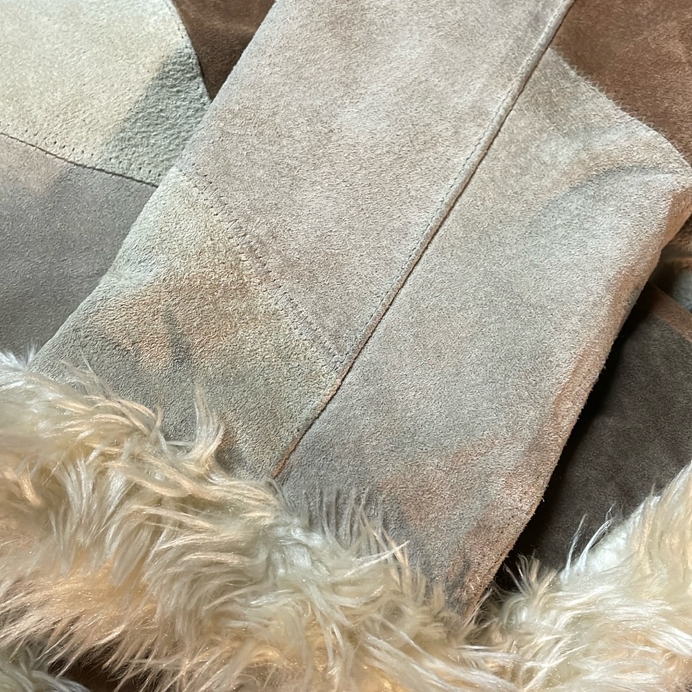 Vintage STATIC Genuine Suede Leather Patchwork Faux Fur Trim Jacket - Brown/Tan - Picture 16 of 16